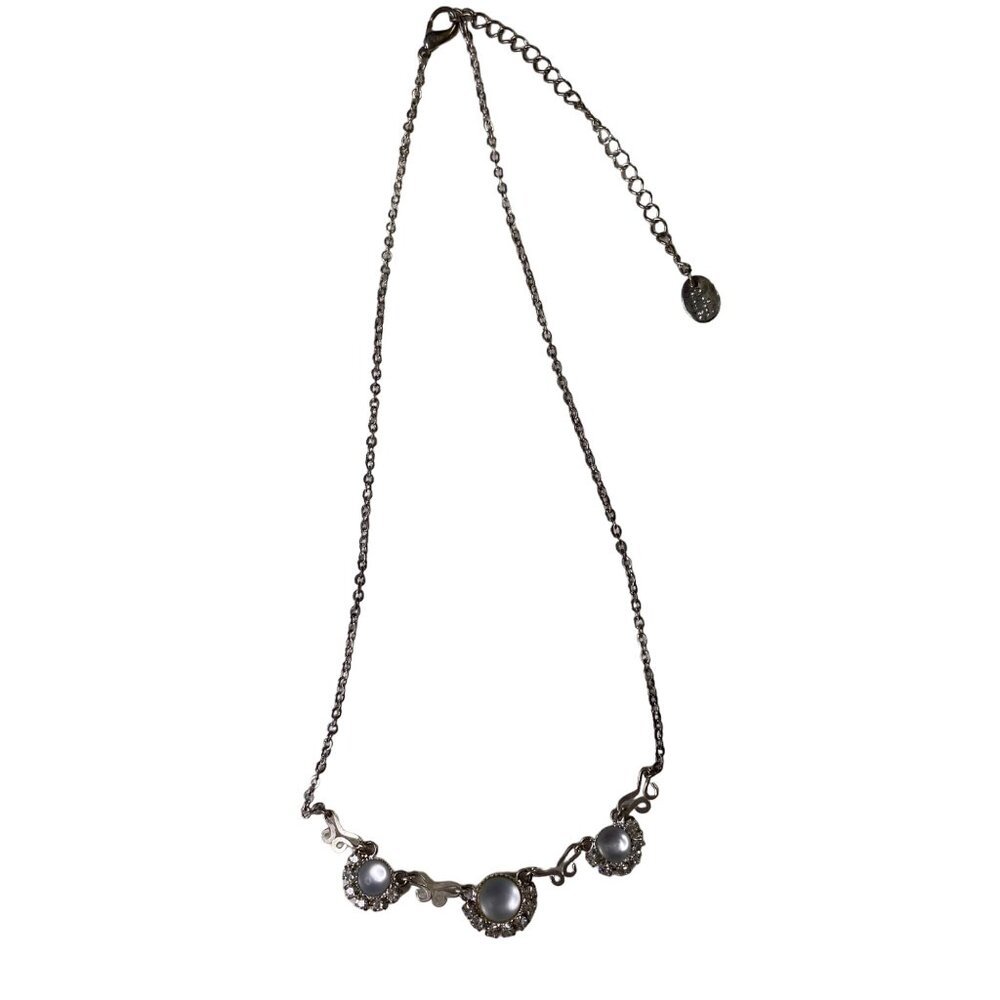 Claires Silver Tone Necklace with Rhinestones Faux Pearl Accents u Adjustable Le